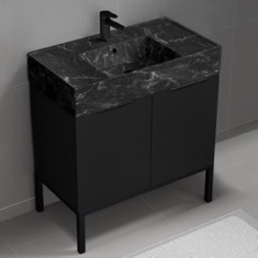 Modern Black Bathroom Vanity, 32 inch, Black Marble Style Sink, Free Standing
